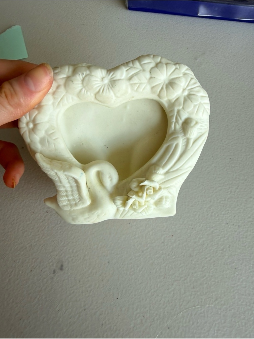Vintage White Bisque Porcelain Heart Picture Frame swan & floral